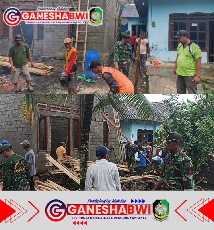 Koramil 0825/06 Gambiran dan Warga Gotong Royong Dirikan Rumah Bapak Irul