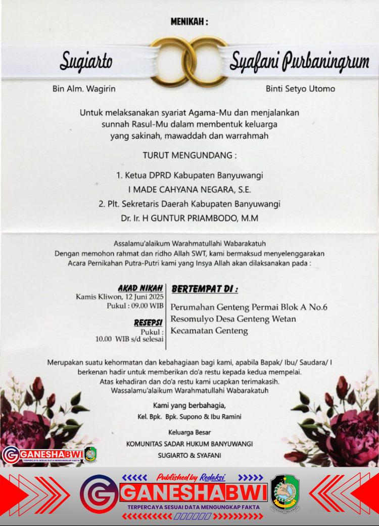 Sugiarto dan Syafani Purbaningrum Siap Menikah, Resepsi Digelar 12 Juni di Genteng Banyuwangi
