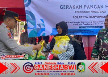 Polresta Banyuwangi Gelar Gerakan Pangan Murah, Bagikan Beras SPHP dan Bendera Merah Putih