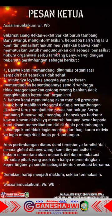 Beredar Keputusan Mengejutkan: Lawfirm Nanang Slamet, S.H., M.Kn. Resmi Mengundurkan Diri dari Penasehat Hukum Serikat Buruh Tambang Banyuwangi Beredar Keputusan Mengejutkan: Lawfirm Nanang Slamet, S.H., M.Kn. Resmi Mengundurkan Diri dari Penasehat Hukum Serikat Buruh Tambang Banyuwangi